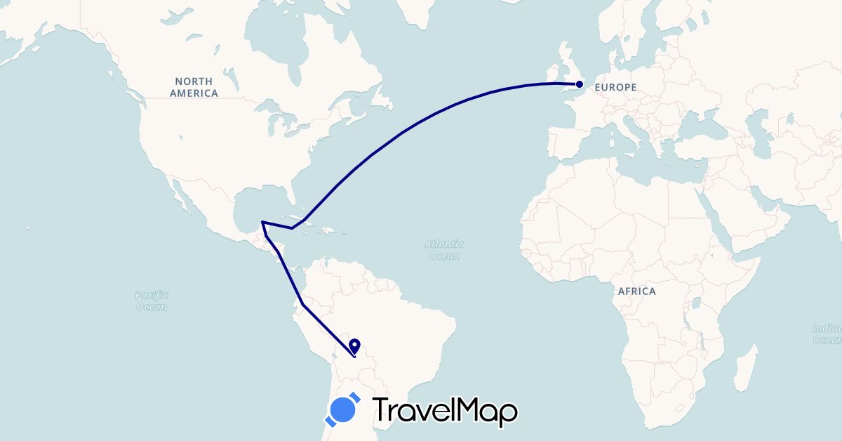TravelMap itinerary: driving in Bolivia, Belize, Cuba, Ecuador, United Kingdom, Cayman Islands, Mexico, Nicaragua (Europe, North America, South America)